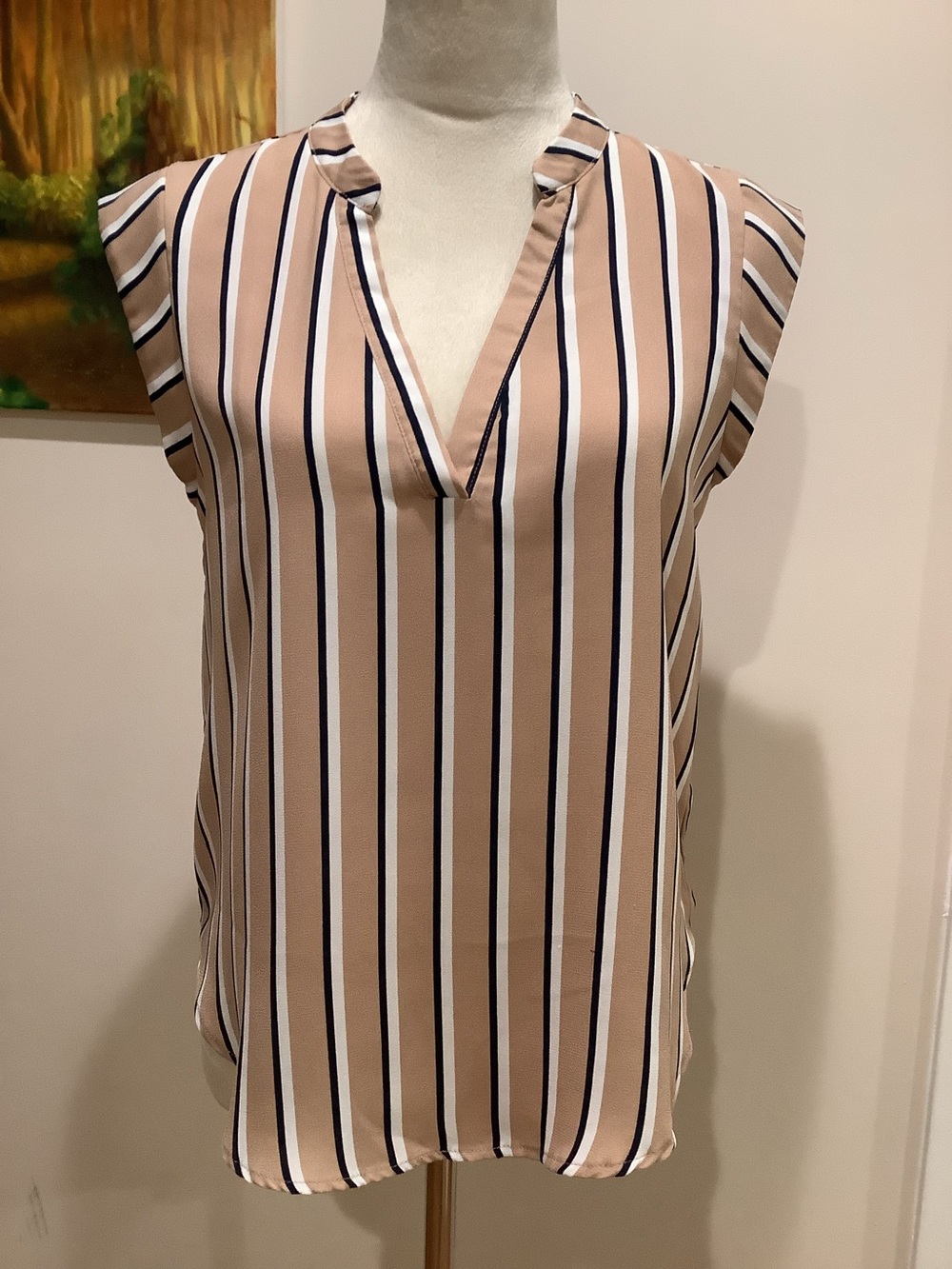 Forever 21 Beige, Black & White Striped V-Neck Sleeveless Top S